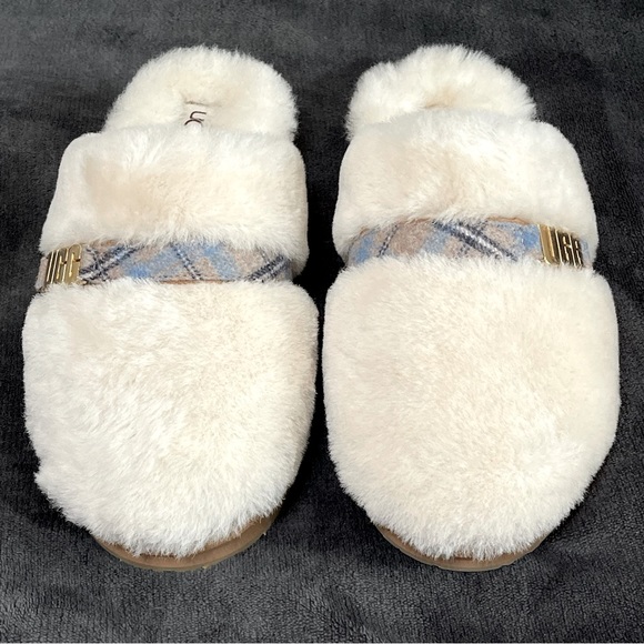 UGG Dalla Plaid Slippers Slides Clogs Gold Logo Sheepskin Winter Plaid Strap - Picture 8 of 11